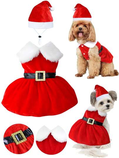 Dog Christmas Dress, Cute Puppy Xmas Outfits, Christmas Dress & Hat, Winter Coat Xmas Holiday Apparel, For Small Medium Dogs Cats Pets (S, M, L, XL)
