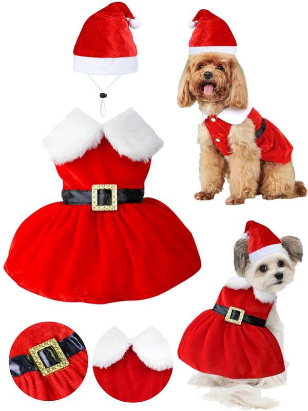 Dog Christmas Dress, Cute Puppy Xmas Outfits, Christmas Dress & Hat, Winter Coat Xmas Holiday Apparel, For Small Medium Dogs Cats Pets (S, M, L, XL)