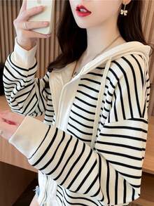 YUXIN 时尚条纹全拉链连帽夹克 - 秋季休闲长袖夹克，女士时尚服装，配有柔软衬里和可调节抽绳，春秋度假风格外套 - 杏色 - 查看 10
