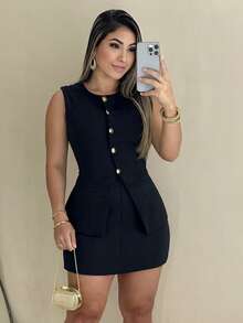 Women's Elegant Tailored Set, Vest, Shorts, Skirt - 黑色 - 查看 1