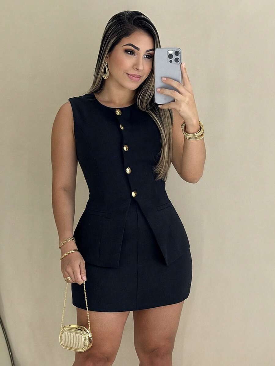 Women's Elegant Tailored Set, Vest, Shorts, Skirt - 黑色 - 查看 1