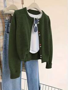 ii Casual Versatile Minimalist Contrast Color Button Knit Cardigan