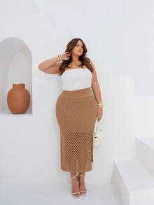 Plus Size Midi Skirt With Openwork Fabric In Modal Knit, Elegant, Casual - Beige - View 2