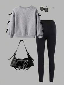Tween Girl Letter Graphic Print Crew Neck Sweatshirt And Leggings Casual Outfit - 灰色 - 查看 2