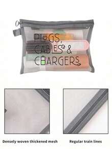 Mesh Cosmetic Bag With Data Cable Pattern,Charger Letter Pattern Design,Red Air Cushion Storage Portable Storage Bag, Makeup Bag, Skincare Bag, Travel Essentials, Dormitory Supplies, Wedding Bride Gifts, Mother Gifts, Birthday Gifts, Gifts For Friends And Teachers, Bathroom Storage, Jewelry Storage, Lip Oil And Cosmetics Storage Bag