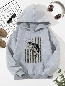 Casual Minimalist Cartoon Graphic Loose Fit Long Sleeve Hoodie Sweatshirt For Boys - 淺灰色 - 查看 1