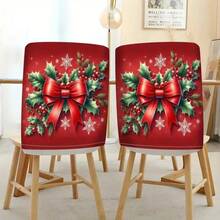 2 buc/4 buc/6 buc huse de scaun cu fundă roșie și imprimeu de frunze de ilex, fulgi de zăpadă, stil elegant, potrivite pentru toate anotimpurile, huse detașabile și lavabile pentru spătar, sufragerie, decor festiv pentru întâlniri - Multicolor - Vizualizare 3