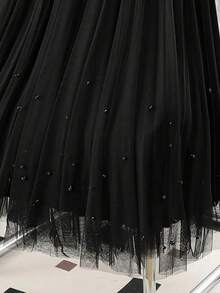 Elegant Casual Pleated Pearl Mesh Studded Women's A-Line Skirt, Versatile Fashion, Suitable For All Seasons, Valentine's Day
