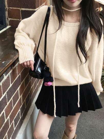 2025秋冬简约舒适长袖套头衫（带领结）