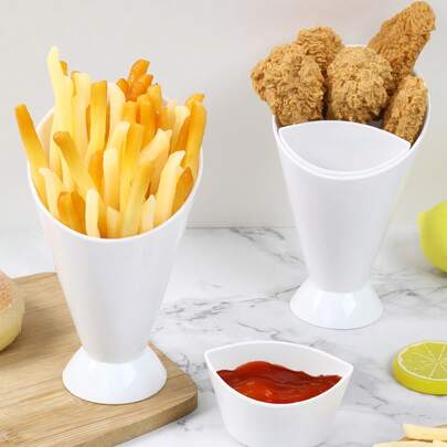 ï»¿ 2Set White French Fries Cup,Durable French Fry Cone & Dipping Cup,Dual-Compartment French Fry Cup With Integrated Sauce Holder,Potato Chips Cups,V