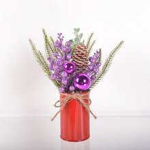 1pc Christmas Centerpiece Decor, Featuring Artificial Holly, Red Berries, Pine Cones, Assorted Christmas Ornaments, Glitter Balls, Country Style Planter Home Decor Christmas Decorations Room Decor Winter