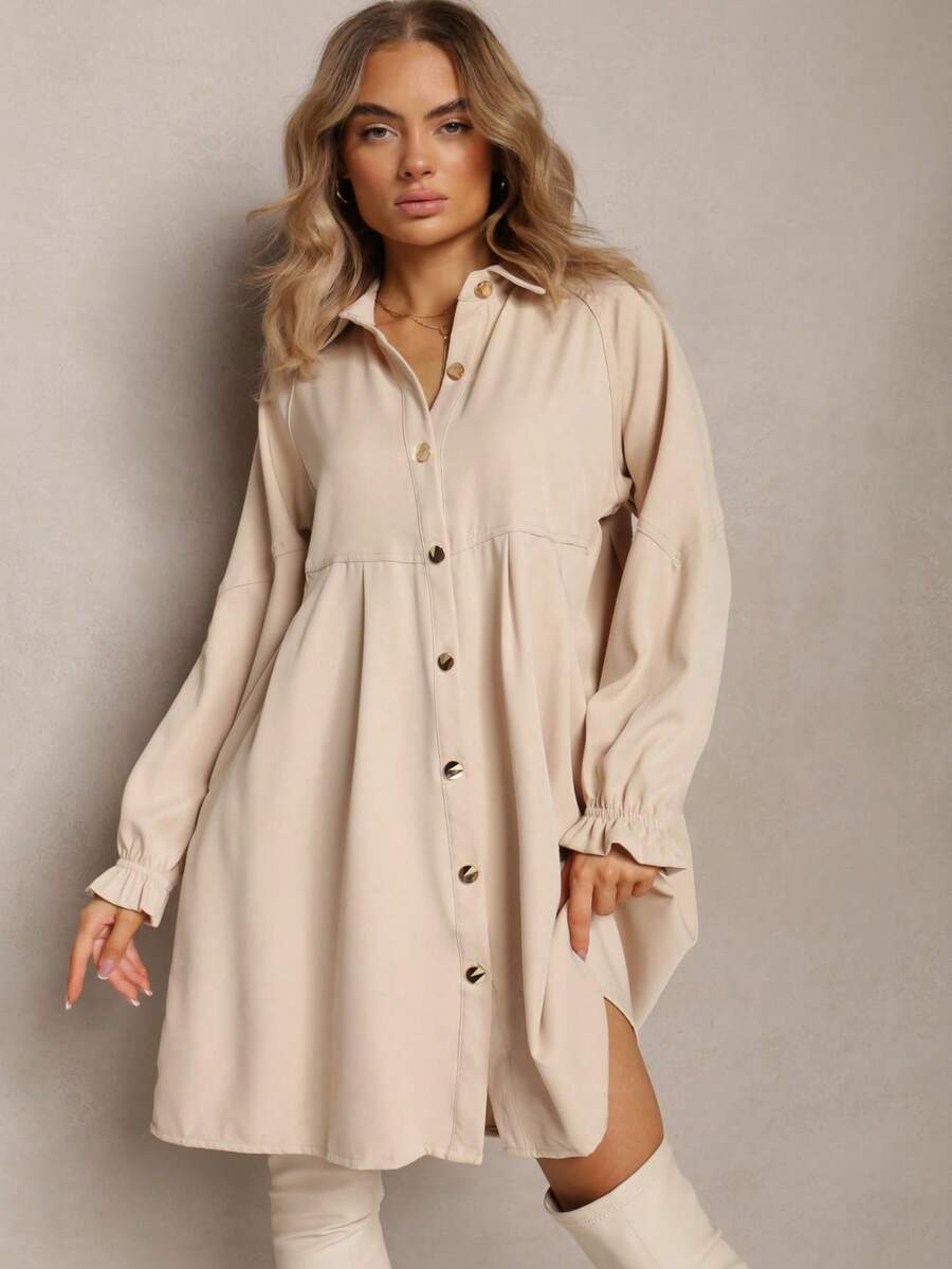 Abito camicia casual da donna con bottoni davanti e vestibilità ampia - Beige - Visualizzare 1