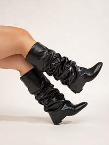 女士时尚宽版仿皮高筒靴，褶裥筒，粗跟，鲨鱼扣装饰及膝靴，性感户外高跟长靴，宽腿高跟鞋 - 黑色 褶皺 - 查看 7