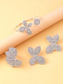 4pcs/Set European & American Fashion New Fully Rhinestone Flower & Leaf Open Cuff Bracelet, Ring, Earrings Jewelry Set For Women, Bride, Wedding, Party, Gift