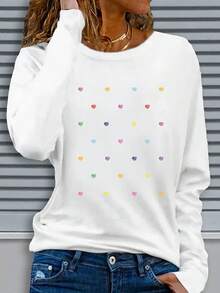 Christmas Christmas Outfit Women Christmas Decor [Soft Women's T-Shirt] Soft Beige Women's Casual Long Sleeve Crew Neck T-Shirt |   Colorful Heart Graphic Print, Machine Washable, Regular Fit Top For Fall & Winter, Comfortable Texture Long Sleeve Tops Women Winter Clothes For Women Fall Clothes For Women - Đỏ - Xem 5
