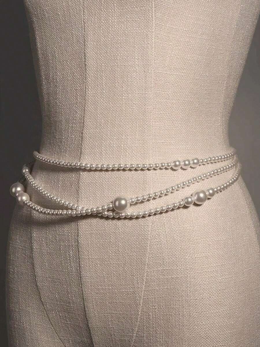 1pc Elegant Premium White Pearl Waist Chain Summer, School Fall, Autumn, Halloween - trắng - Xem 1