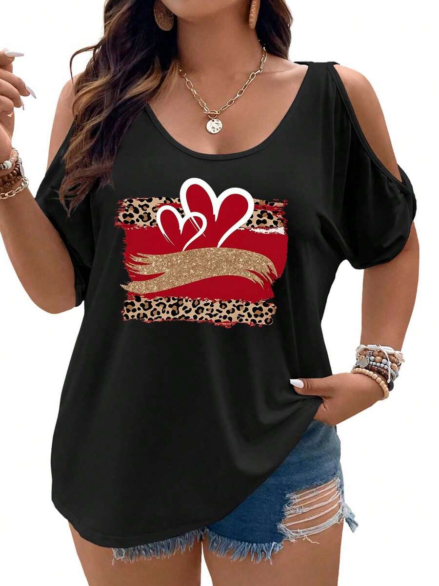 Leopard Hearts And Glitter Banner On Red Background Women Cold Shoulder Tops Summer Short Sleeve Shirt Plus Size - 黑色 - 查看 1