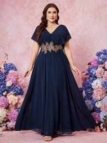 V-Neck Solid Color Chiffon Short Sleeve Elegant Embroidered Waist Bridesmaid Dress