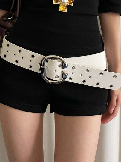 1pc Women's White Vintage Faux Leather Hollow Out Design Wide Belt, Suitable For Commuting And Music Festivals