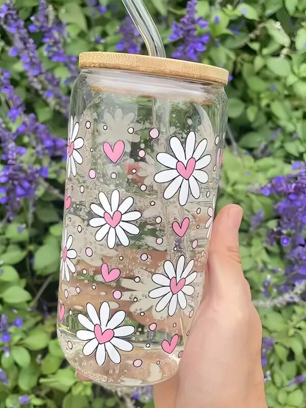 كوب قش القهوة مزين بشكل قلب وزهرة البابونج، كوب قش الماتشا، أدوات شرب القهوة، زجاجة مياه بسعة كبيرة مع قش - أفضل خيار هدية للأصدقاء!
