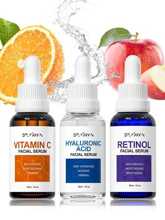 臉部抗衰老精華素套裝3件套,透明質酸視黃醇精華素和維生素c精華素,完美平滑皺紋,減少皮膚乾燥和細紋