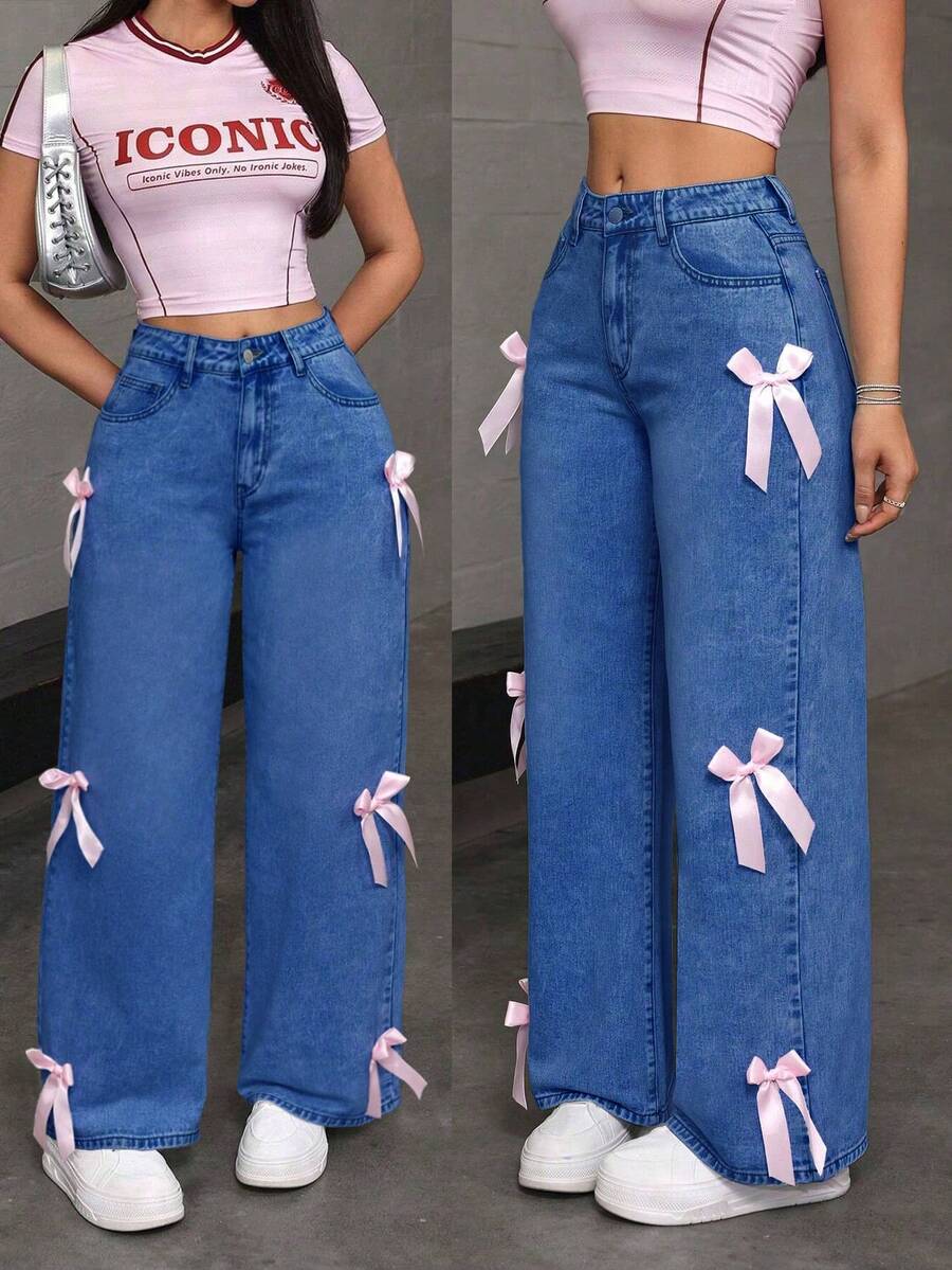 Women's Casual And Fashionable Loose Straight Leg Jeans, Paired With Bow Decorations, Charming And Beautiful, Suitable For All Seasons, Mid Waist Shooting, Suitable For Parties/Dances, Parties, Birthday Parties, Banquets, Nightclubs, Nightclubs, Music Festivals, Concerts - Màu xanh lam - Xem 1