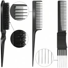 3 Pieces Pick Teasing Combs Hair Brush Set Includes Black Carbon Lift With Metal Prong, Triple Pin Rat Tail Comb, Nylon Bristle Hair Brush WomenBlack And Red,Hair Tools,Hair Items,Travel Essential,Travel,Barber,Hairstylist,Barber Accessories,Valentine's Day,Hair Supplies,Hair Stylist,Barbershop,Salon,Vacation Essentials,Hair Products,Barbershop,Valentine's Gift,Travel Essentials For Women,Hair Stylist Tools - Black - View 4