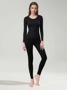 2pcs Women Thermal Underwear Set, Round Neck Top + Pants, Tight Fit Base Layer For Autumn/Winter