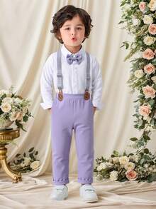 BOARNSEORL 男婴两件套绅士套装 - 白色长袖衬衫配蝴蝶结和卡其色背带裤，时尚休闲套装，适合生日派对、婚礼、周年纪念庆典等场合。 - 紫色 - 查看 1