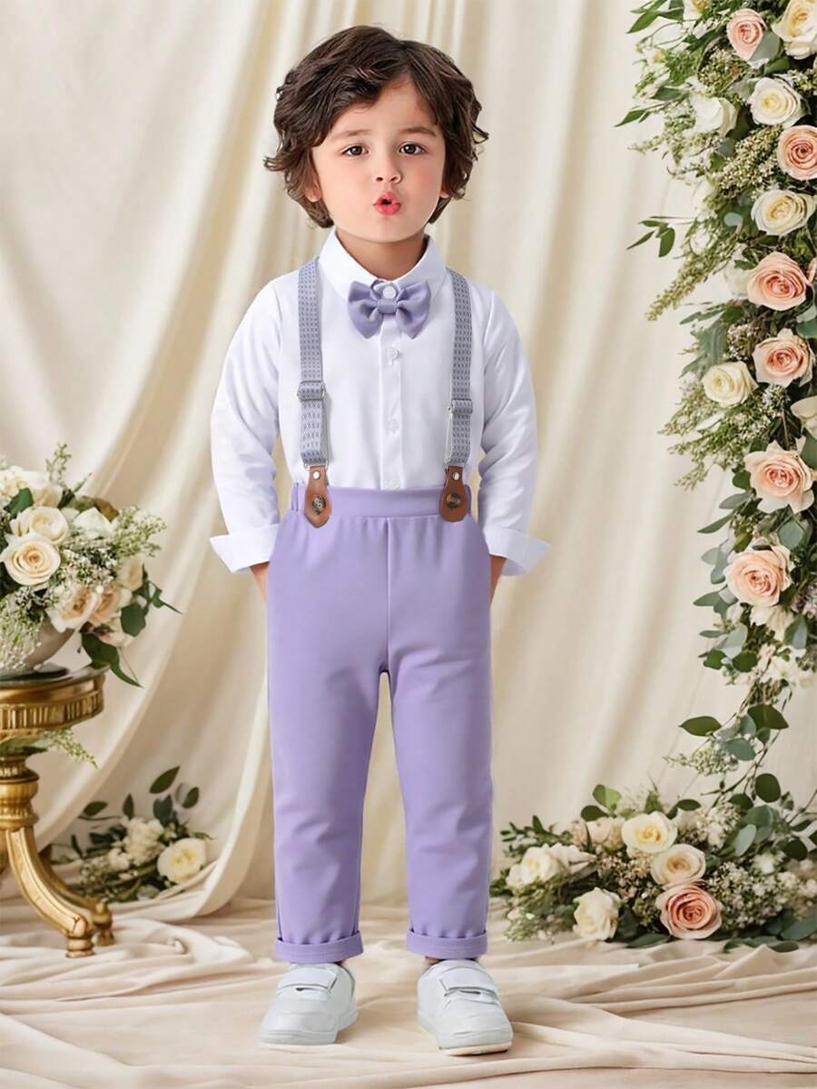 BOARNSEORL 男婴两件套绅士套装 - 白色长袖衬衫配蝴蝶结和卡其色背带裤，时尚休闲套装，适合生日派对、婚礼、周年纪念庆典等场合。 - 紫色 - 查看 1