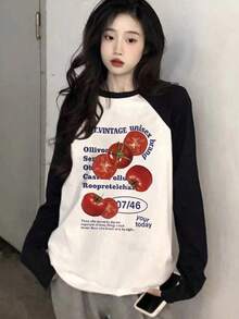 女士宽松休闲百搭插肩袖撞色字母番茄印花长袖T恤，春季 - 黑與白 - 查看 2