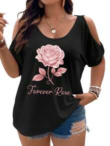 Forever Rose A Timeless Symbol Of Love And Eternity Women Cold Shoulder Tops Summer Short Sleeve Shirt Plus Size - 黑色 - 查看 1
