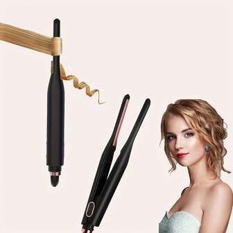  UKLISS 2-In-1 Mini Flat Iron Straightener & Curler, 1/3 Inch Pencil Style, Portable Travel-Friendly With Adjustable Temperature, Auto Shut-Off, For Women, Short Hair, Beard, Pixie Cut - Black & Gold, Portable Hair Styling Tool For Travel | Sleek Black Design | Copper Accents