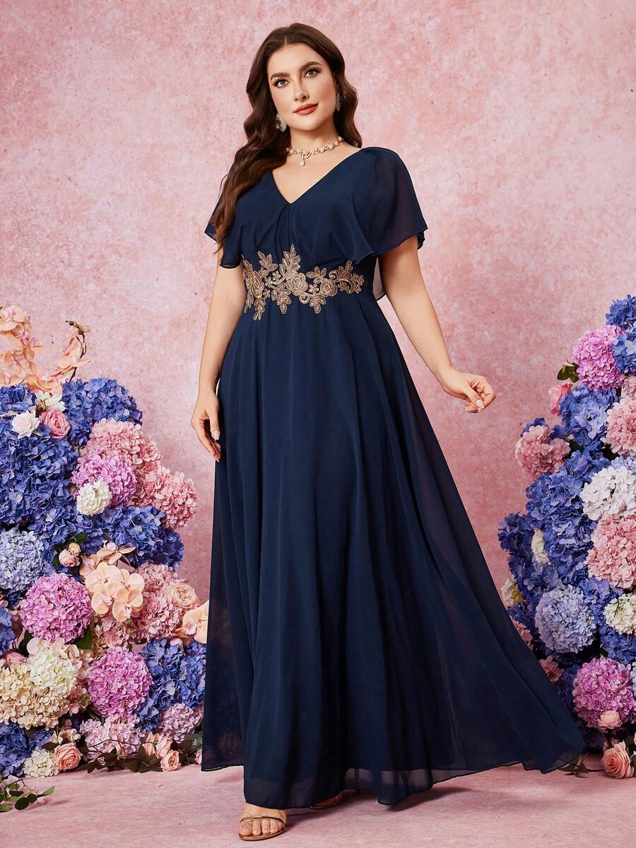 V-Neck Solid Color Chiffon Short Sleeve Elegant Embroidered Waist Bridesmaid Dress