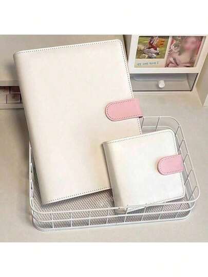A5/A7 PU Loose-Leaf Album, Includes 1 3-Inch/5-Inch Ring Postcard Storage Sleeve - White/Pink