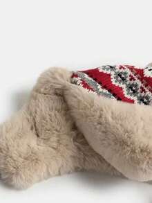 1pc Women's Autumn And Winter Big Head Circumference Plush Hanging Ball Cold Hat, With Thick Plush And Cute Ear Protection Color Blocked Knitted Hat