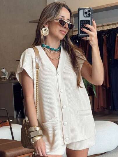 Conjunto Tricot Feminino Shorts e Max Colete com Botões Camisa Blusa Moda Feminina Verão Confortável novo 2025