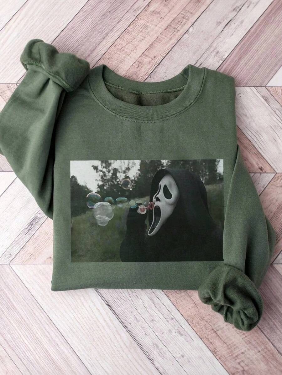Sudadera sweatshirt dama mujer manga larga algodón cuello redondo puños rib acanalados casual aesthetic diario frio urbana moderna juvenil cómoda calientita estampado ghostface scream divertido fantasma burbujas foto - Verde Oliva - Ver 1