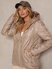 Zip Up Drawstring Hooded Boxy Quilted Coat - Khaki - View 4