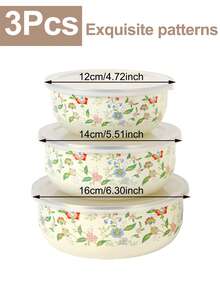3pcs Enamel Food Storage Bowls, 12/14/16 Containers, Patterned Design Stylish With Lids, Multi-Functional Airtight Storage Containers, Serving Bowls For Soup, Salad, Lunch Box, Freezer , Suitable For Home Kitchen, Office, School, Outdoor Camping