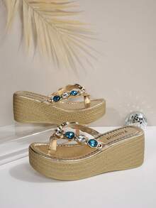 Giày sandal đế xuồng dày dặn đính đá lấp lánh kiểu dáng nghỉ dưỡng, chống thấm nước, màu vàng kim, nhẹ nhàng, tối giản, màu trơn, thích hợp cho nữ, phù hợp với trang phục mùa xuân hè. - Vàng - Xem 2