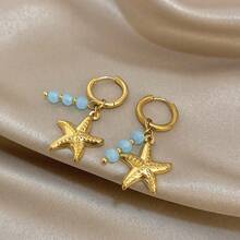 1 par de pendientes colgantes de estrella de mar de verano con circonita, pendientes colgantes dorados para mujer de acero inoxidable para uso diario, fiesta, joyería, regalos de Halloween y Navidad