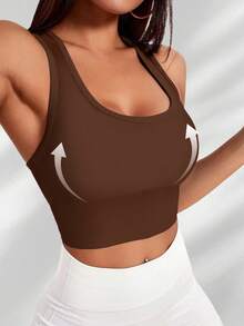 Yefecy 基本款纯色罗纹针织瑜伽运动文胸，防震聚拢无钢圈女式运动文胸，女士运动服 - 棕色 - 查看 7