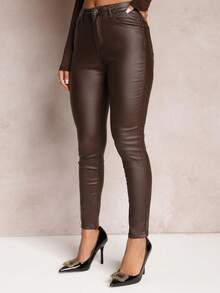Imitation Leather Skinny Pants - Brown - View 4