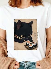 Camiseta con estampado gráfico de gatito lindo, de manga corta y cuello redondo, para uso casual en primavera y verano, de tela suave y agradable a la piel, para uso diario, de manga corta y cuello redondo, cómoda camiseta de mujer para uso casual, ropa de verano