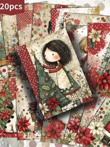 1/20pcs Cute Polka Dot Christmas Girl Paper Mailing Cards - Christmas Junk Journal Paper, Classic Girl Illustration, Santa Hat And Warm Winter Scene, Collectible Decorative Cards, Collectible Scrapbook Decorative Cards, Crafting, Holiday Gifts, Scrapbooking Supplies, Vintage Design, High Quality Print, Handmade Texture, Perfect For Journaling Lovers And Crafting Lovers, Scrapbooking And Crafting