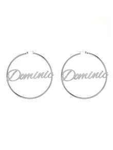 70mm Round Hoop Earrings Customized Name Earrings, Fashionable Personalized Bohemian Stainless Steel Gold Cursive Letter Oversized Hoop Earrings, Party Jewelry, Birthday, Christmas Gift For Her - Silver-frosted - View 5