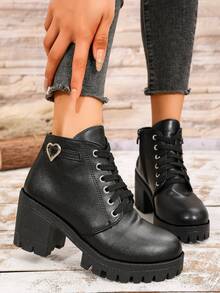 全新女式户外街头英伦复古刺绣经典翻领机车朋克时尚百搭系带侧拉链厚底舒适靴 - 黑色 - 查看 2