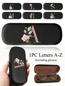 Printed With Flowers And Letters A-Z Elegant Personalized Black Glasses Case For Men & Women - Hard Shell Eyeglass Protector With Wear-Resistant Soft Lining, Suitable For Prescriptions Eyeglasses And Various Eyeglasses Accessories For Women- Portable Myopia & Glasses Organizer For Travel & Daily Use,Birthday Party Gifts(Except U Q X)