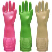 3 Pairs Of Rubber Dishwashing Gloves Kitchen And Household Cleaning U2013 Long Cuff 15 Reusable, Flexible Long - Lasting And Non - Slip Red+Yellow+Green, Medium - 大號+紅+黃+綠 - 查看 2